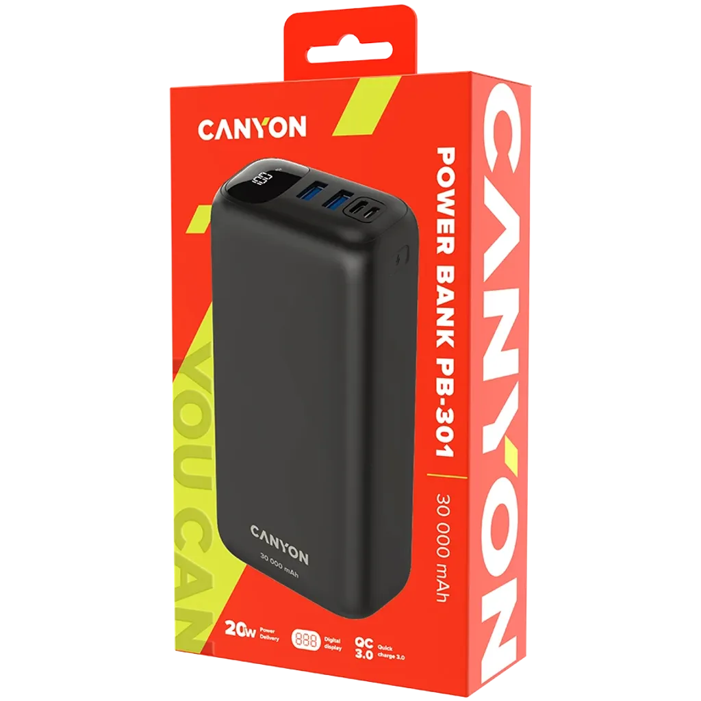 22.5W CANYON OnPower 301 30000mAh powerbanka ar USB-C PD un 2×USB-A QC 3.0