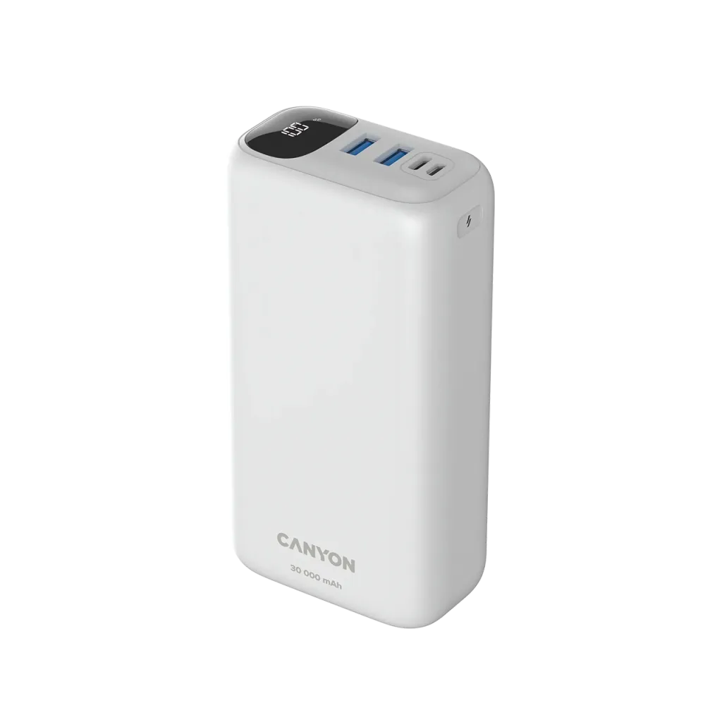 22.5W CANYON OnPower 301 30000mAh powerbanka ar USB-C PD un 2×USB-A QC 3.0, balta