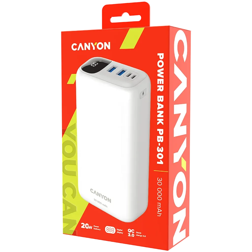 22.5W CANYON OnPower 301 30000mAh powerbanka ar USB-C PD un 2×USB-A QC 3.0, balta