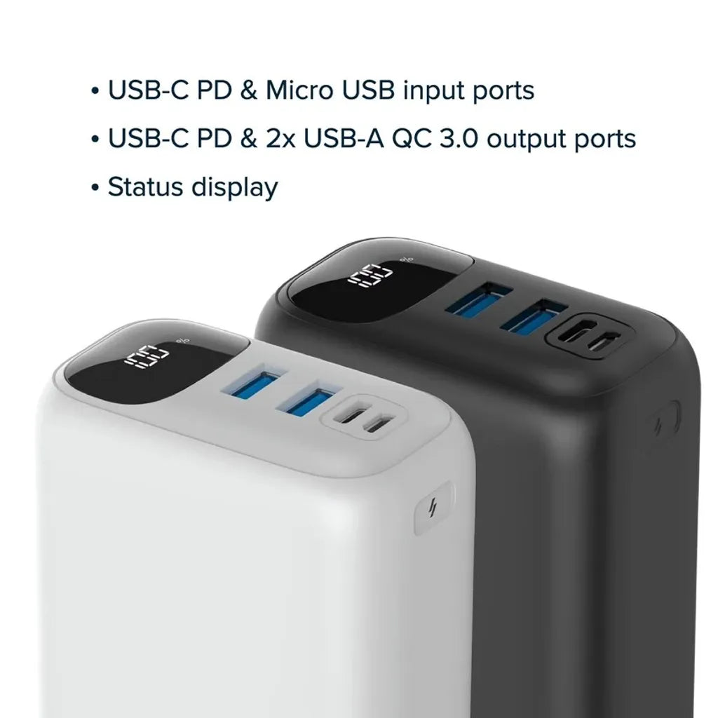 22.5W CANYON OnPower 301 30000mAh powerbanka ar USB-C PD un 2×USB-A QC 3.0, balta