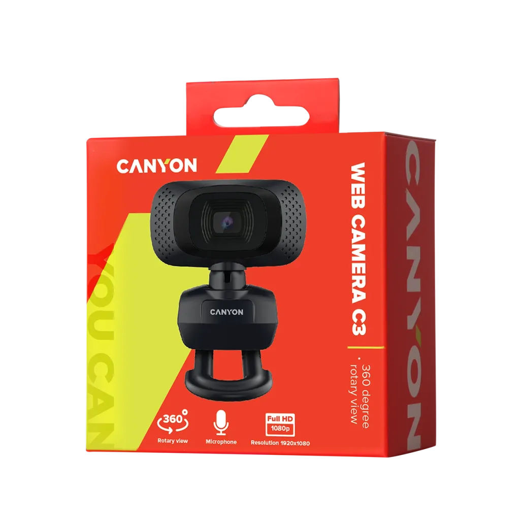 CANYON C3 HD 720p tīmekļa kamera ar mikrofonu, USB, 360°, melna