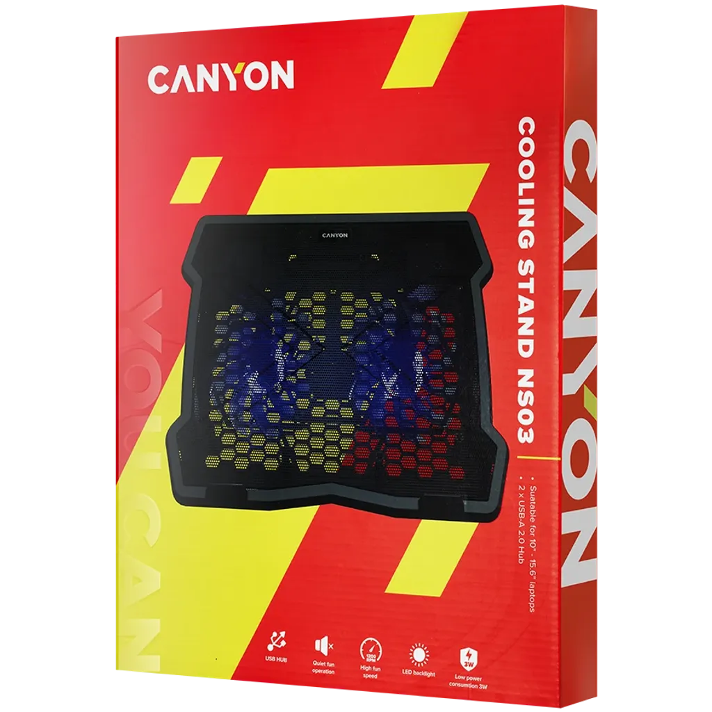 CANYON OnCool 03 dzesēšanas statīvs klēpjdatoriem līdz 15,6″, 2 ventilatori, LED