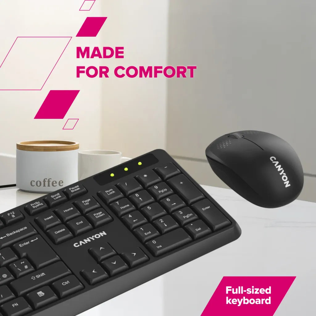 CANYON SET-W01 bezvadu tastatūras un peles komplekts, 2,4 GHz, melns