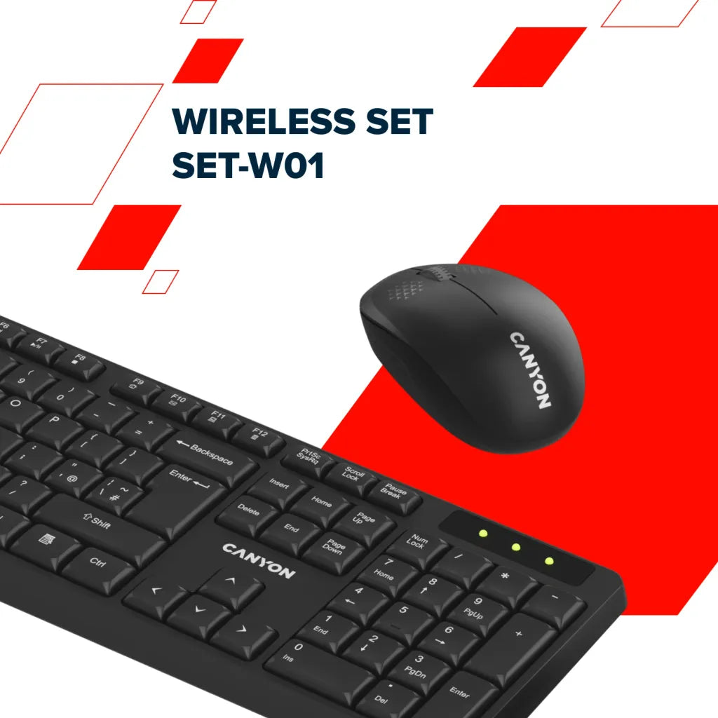 CANYON SET-W01 bezvadu tastatūras un peles komplekts, 2,4 GHz, melns