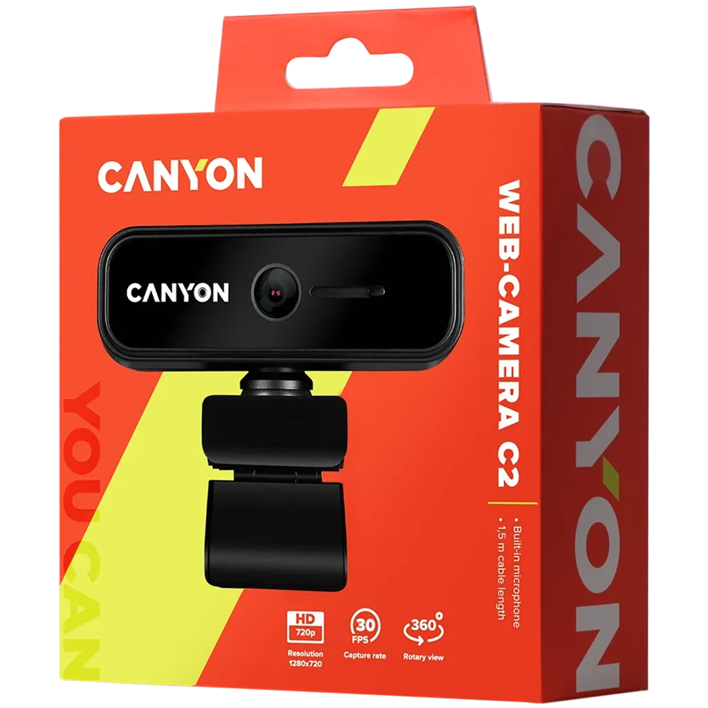 CANYON OnStream 2 HD 720p tīmekļa kamera ar mikrofonu, USB, 360°, melna
