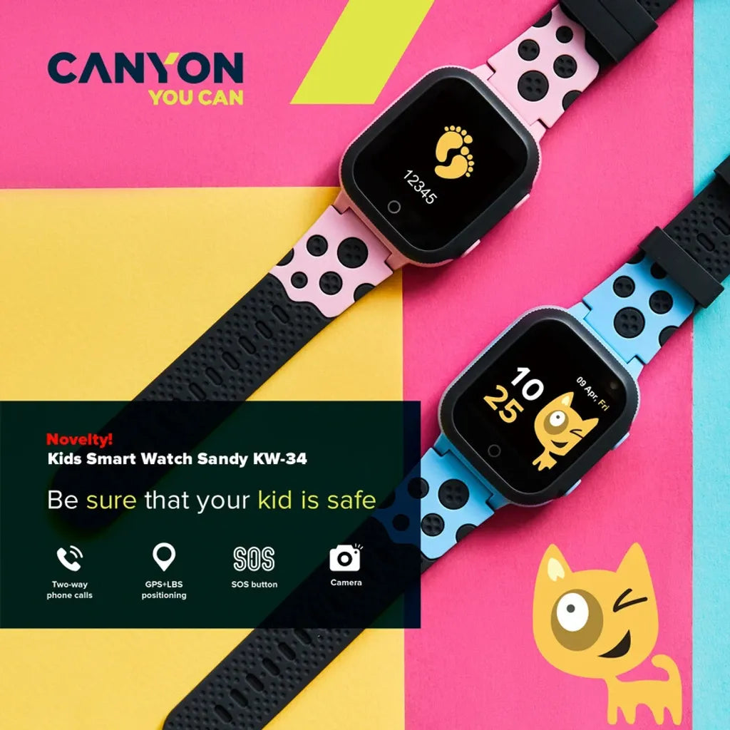 CANYON Sandy KW-34 bērnu viedpulkstenis GPS, SOS, 2G zvani, rozā