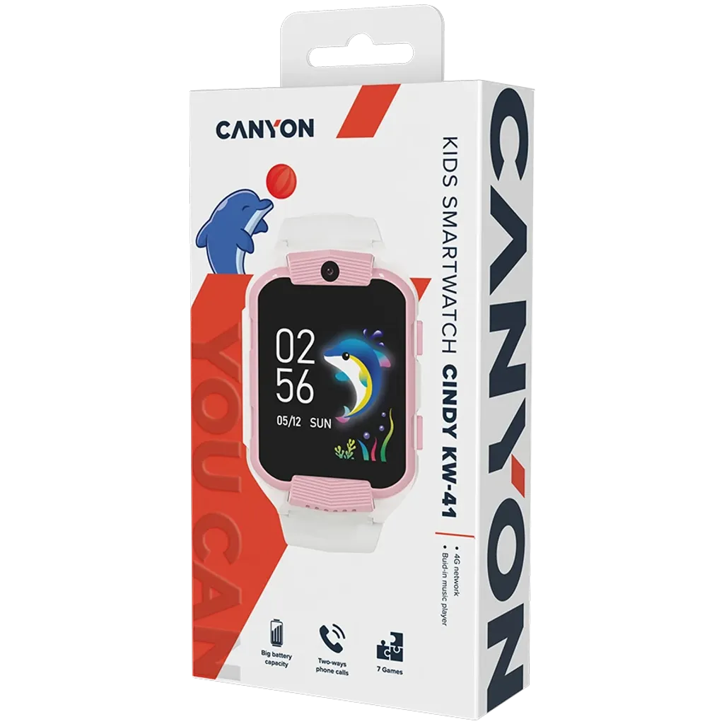 CANYON Cindy KW-41 bērnu viedpulkstenis 1.69" IPS, 4G, kamera, balts/rozā
