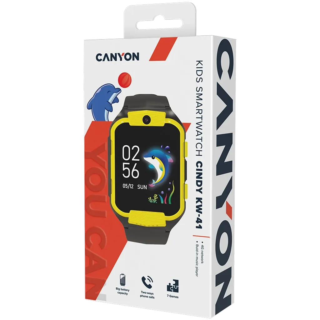 CANYON Cindy KW-41 bērnu viedpulkstenis 1.69" IPS, 4G, kamera, dzeltens/melns
