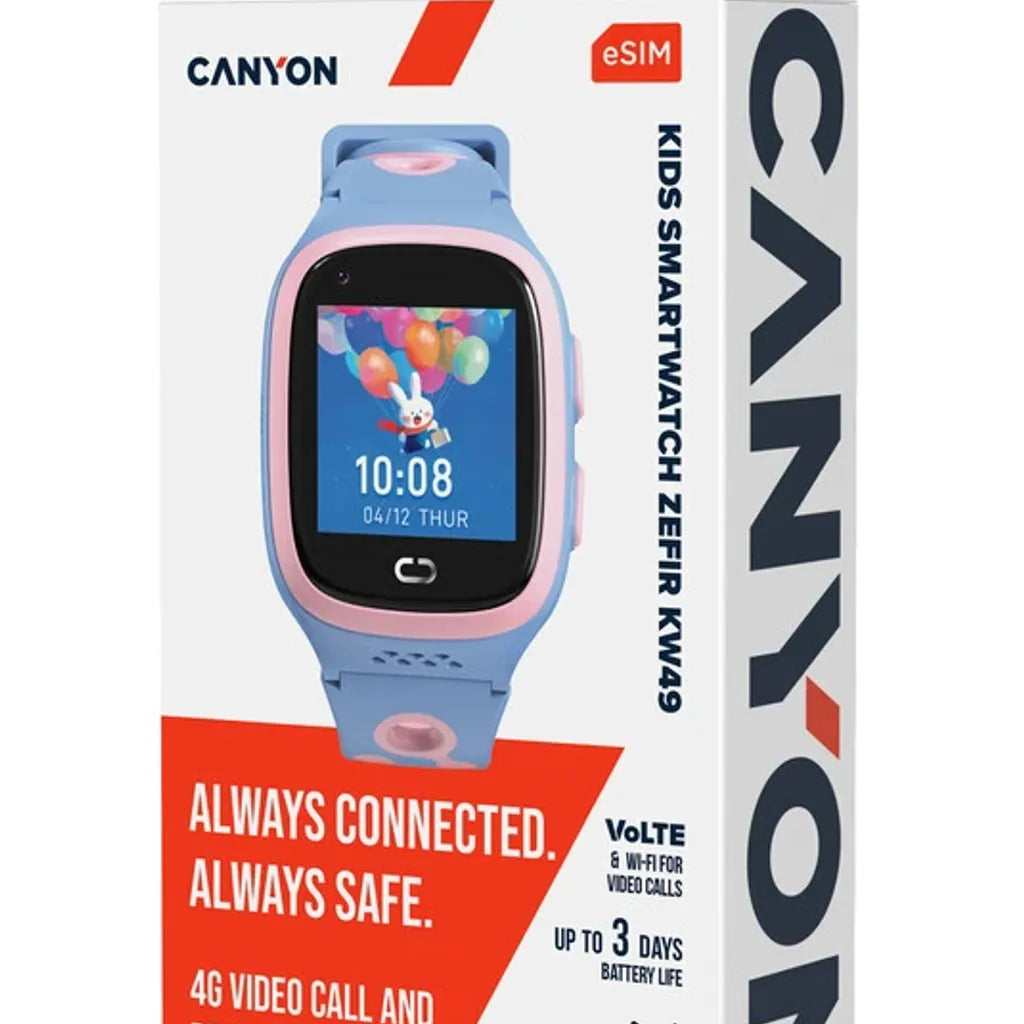 CANYON ZEFIR KW-49 bērnu viedpulkstenis 4G, GPS, eSIM, IP67, rozā/zils