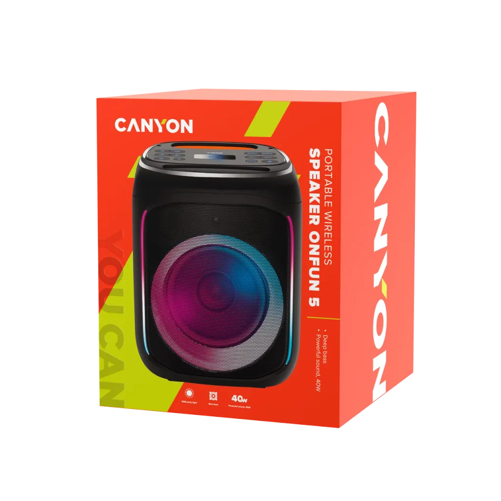 Canyon OnFun 5 portatīvais ballīšu skaļrunis, 40 W, RGB, melns