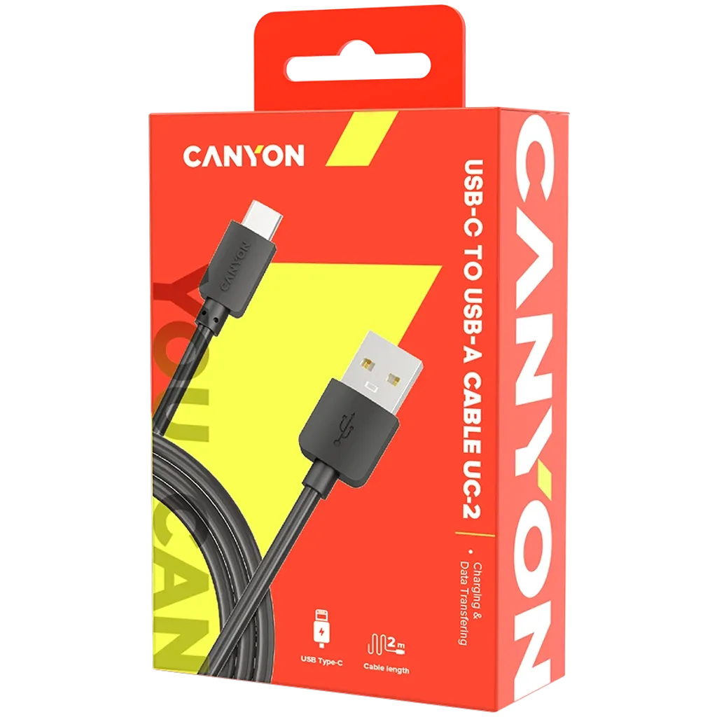 Canyon UC-2 USB-A–USB-C kabelis, 2 m, 5 W, melns