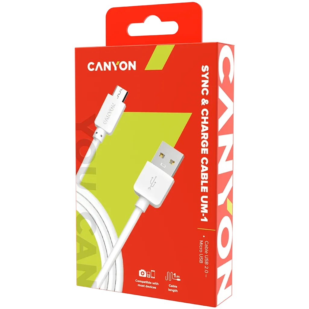 Canyon UM-1 Micro USB–USB-A kabelis, 1 m, 5 W, balts