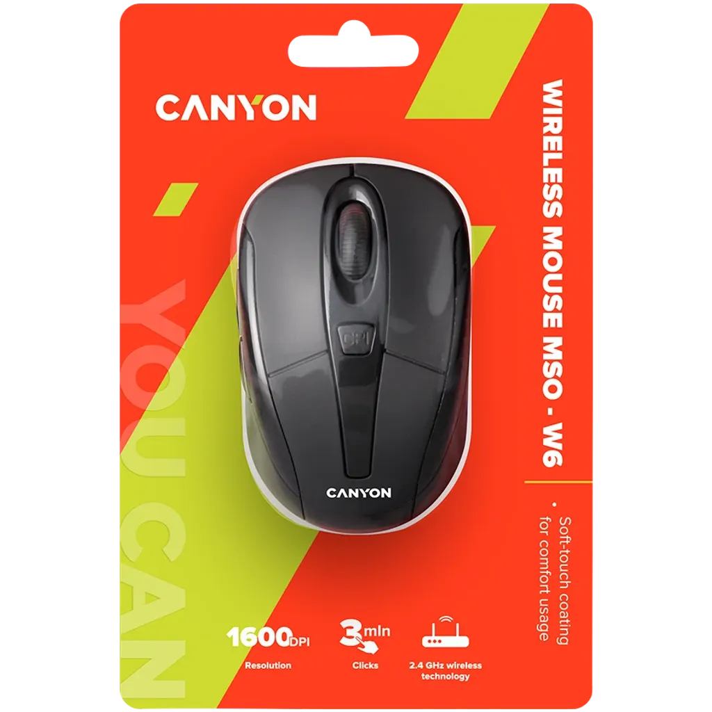 CANYON MSO-W6 bezvadu optiskā pele, 1600 dpi, 6 pogas, melna