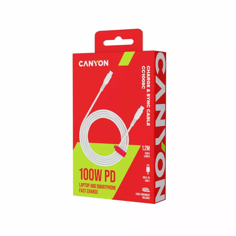 CANYON 100W  USB Type-C uz USB Type-C kabelis, Saderīgs ar Apple ierīcēm, silikona, USB 2.0, 1,2 m, balts