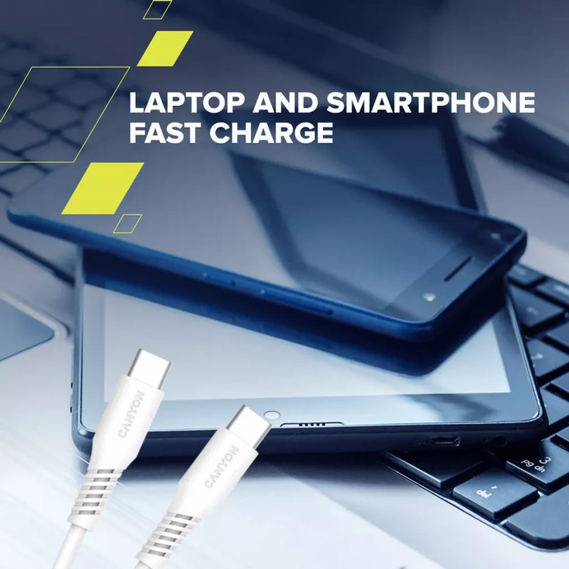 CANYON 100W  USB Type-C uz USB Type-C kabelis, Saderīgs ar Apple ierīcēm, silikona, USB 2.0, 1,2 m, balts