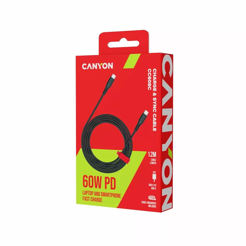 CANYON 60W  USB Type-C uz USB Type-C kabelis, Saderīgs ar Apple ierīcēm, silikona, USB 2.0, 1,2 m, melns