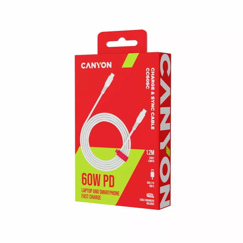 CANYON 60W  USB Type-C uz USB Type-C kabelis, Saderīgs ar Apple ierīcēm, silikona, USB 2.0, 1,2 m, balts