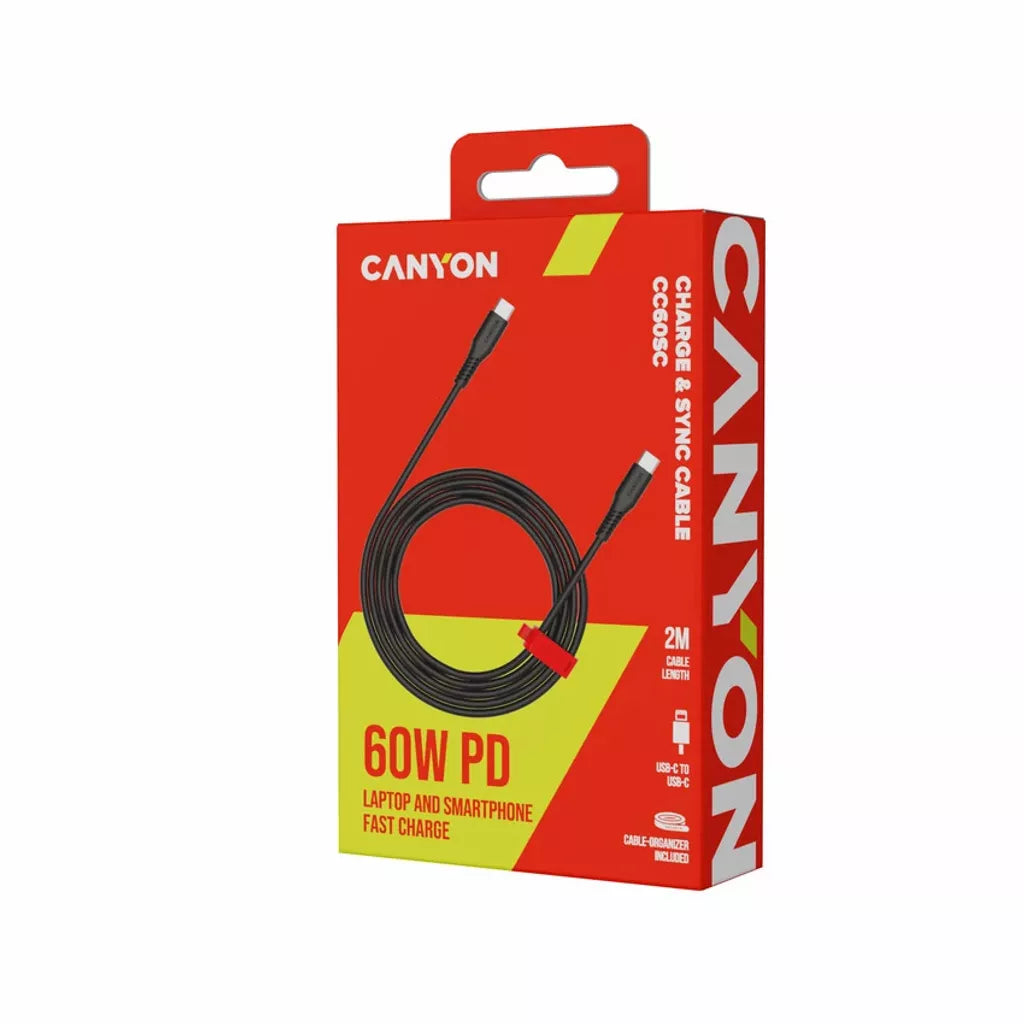 CANYON 60W  USB Type-C uz USB Type-C kabelis, Saderīgs ar Apple ierīcēm, silikona, USB 2.0, 2 m, melns