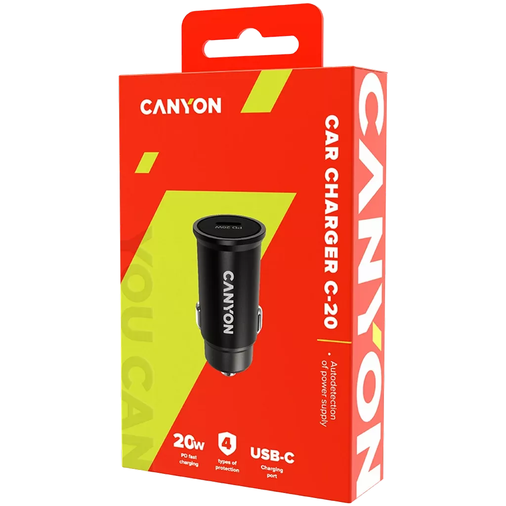 CANYON auto lādētājs C-20 PD 20W USB-C Melns
