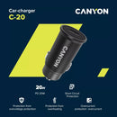 CANYON auto lādētājs C-20 PD 20W USB-C Melns