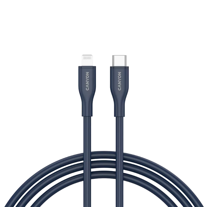 CANYON USB-C uz Lightning kabelis uzlādei un datu sinhronizācijai iPad, iPhone un AirPods ierīcēm ar līdz 60 W (3 A) PD ātro uzlādi un līdz 480 Mb/s datu pārraidi. MFI sertificēts, 1m, zils