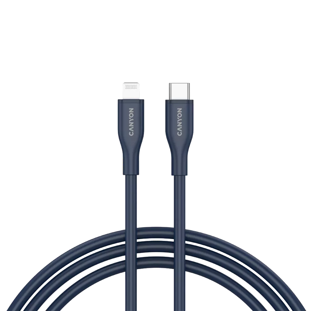 Кабель CANYON USB-C to Lightning для зарядки и синхронизации данных для iPad, iPhone и AirPods с поддержкой быстрой зарядки PD до 60 Вт (3 A) и передачи данных до 480 Мбит/с. Сертифицирован MFI, 1 м, синий