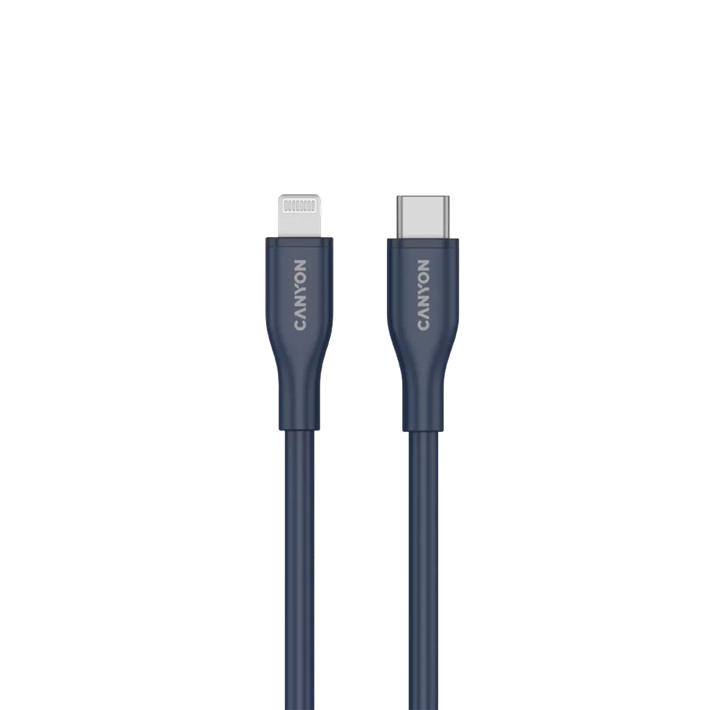 Кабель CANYON USB-C to Lightning для зарядки и синхронизации данных для iPad, iPhone и AirPods с поддержкой быстрой зарядки PD до 60 Вт (3 A) и передачи данных до 480 Мбит/с. Сертифицирован MFI, 1 м, синий