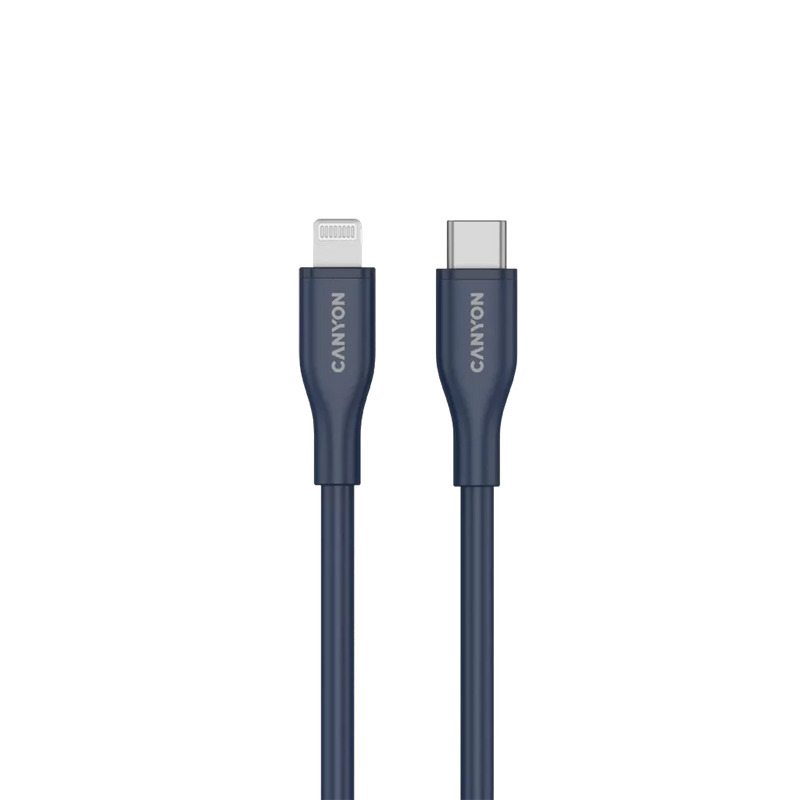CANYON USB-C uz Lightning kabelis uzlādei un datu sinhronizācijai iPad, iPhone un AirPods ierīcēm ar līdz 60 W (3 A) PD ātro uzlādi un līdz 480 Mb/s datu pārraidi. MFI sertificēts, 1m, zils