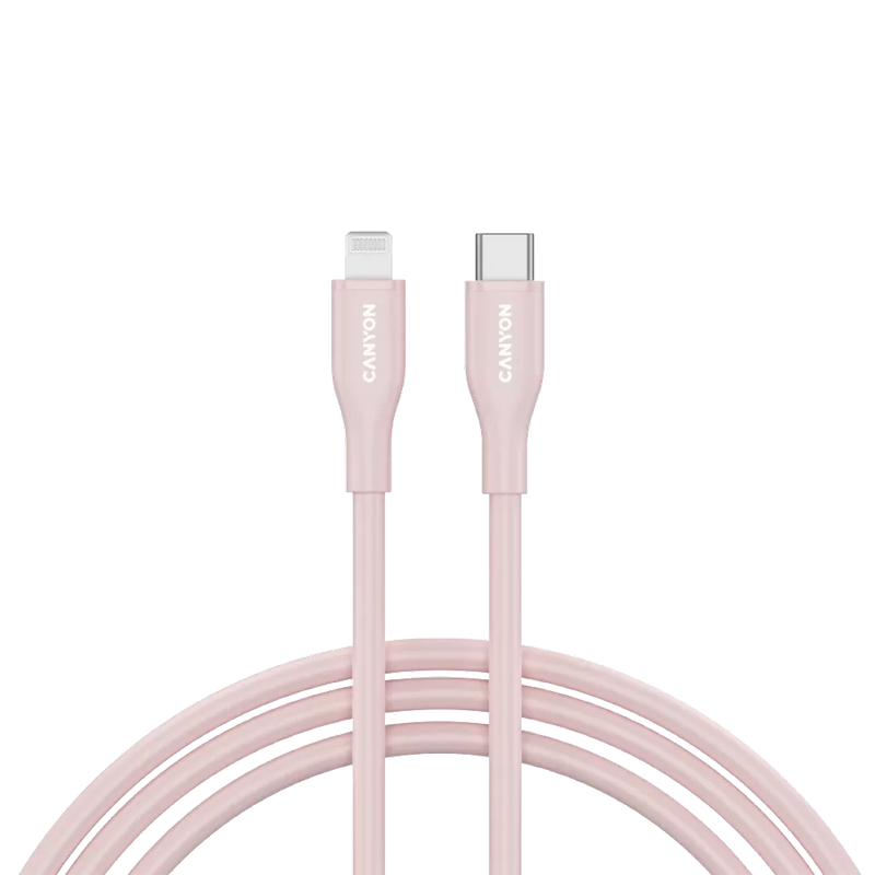CANYON USB-C Lightning-kaabel laadimiseks ja andmete sünkroniseerimiseks iPadile, iPhone'ile ja AirPodidele kuni 60 W (3 A) PD kiirlaadimisega ja kuni 480 Mbps andmeedastusega. MFI sertifitseeritud, 1 m, roosa