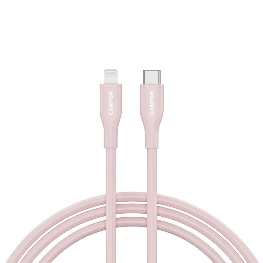 CANYON USB-C uz Lightning kabelis uzlādei un datu sinhronizācijai iPad, iPhone un AirPods ierīcēm ar līdz 60 W (3 A) PD ātro uzlādi un līdz 480 Mb/s datu pārraidi. MFI sertificēts, 1m, rozā