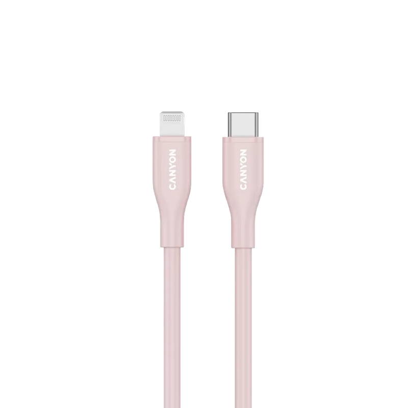 CANYON USB-C Lightning-kaabel laadimiseks ja andmete sünkroniseerimiseks iPadile, iPhone'ile ja AirPodidele kuni 60 W (3 A) PD kiirlaadimisega ja kuni 480 Mbps andmeedastusega. MFI sertifitseeritud, 1 m, roosa