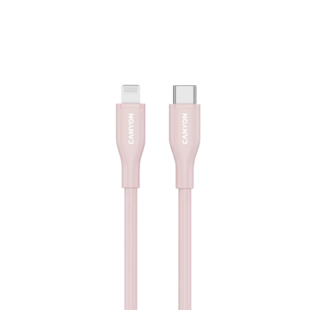 CANYON USB-C uz Lightning kabelis uzlādei un datu sinhronizācijai iPad, iPhone un AirPods ierīcēm ar līdz 60 W (3 A) PD ātro uzlādi un līdz 480 Mb/s datu pārraidi. MFI sertificēts, 1m, rozā