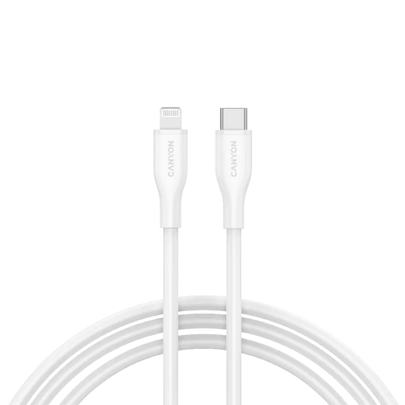 CANYON USB-C Lightning-kaabel iPadile, iPhone'ile ja AirPodidele laadimiseks ja andmete sünkroniseerimiseks kuni 60 W (3 A) PD kiirlaadimisega ja kuni 480 Mbit/s andmeedastusega. MFI sertifitseeritud, 1 m, valge