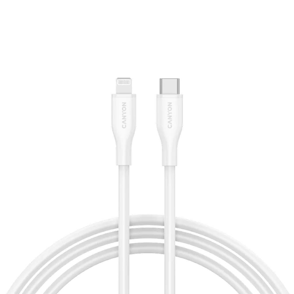 Кабель CANYON USB-C to Lightning для зарядки и синхронизации данных для iPad, iPhone и AirPods с поддержкой быстрой зарядки PD до 60 Вт (3 A) и передачи данных до 480 Мбит/с. Сертифицирован MFI, 1 м, белый