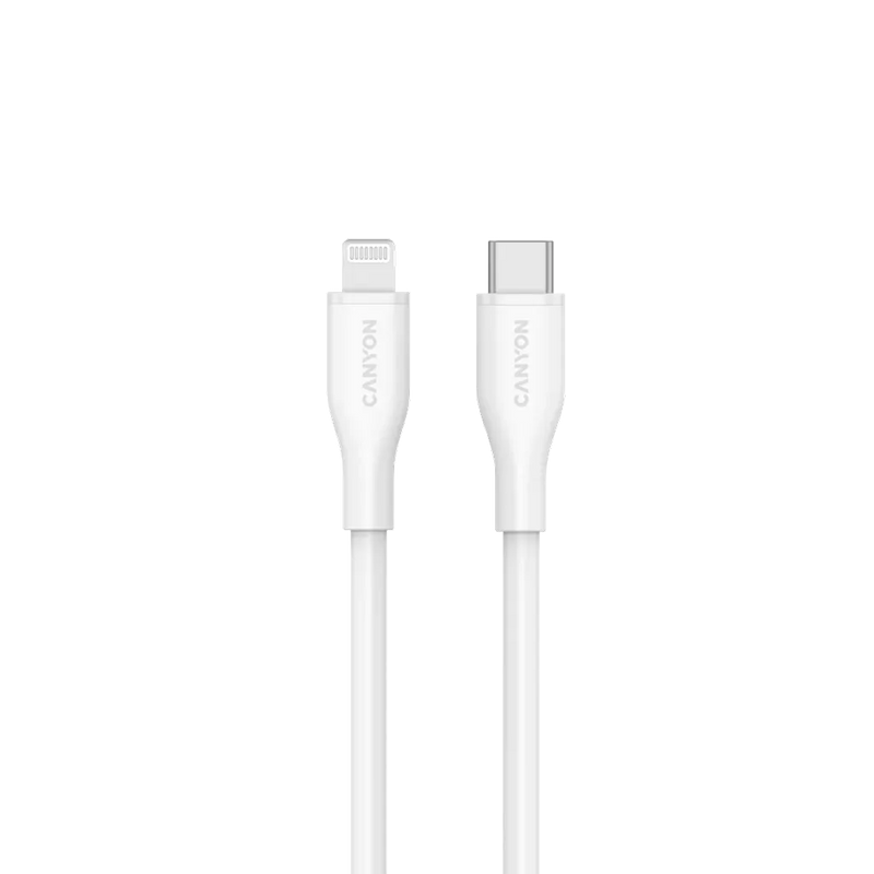 CANYON USB-C Lightning-kaabel iPadile, iPhone'ile ja AirPodidele laadimiseks ja andmete sünkroniseerimiseks kuni 60 W (3 A) PD kiirlaadimisega ja kuni 480 Mbit/s andmeedastusega. MFI sertifitseeritud, 1 m, valge