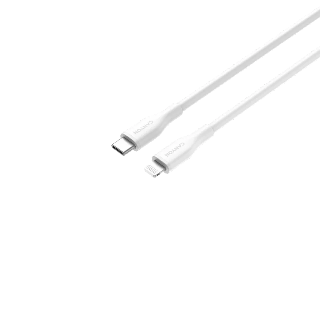 Кабель CANYON USB-C to Lightning для зарядки и синхронизации данных для iPad, iPhone и AirPods с поддержкой быстрой зарядки PD до 60 Вт (3 A) и передачи данных до 480 Мбит/с. Сертифицирован MFI, 1 м, белый