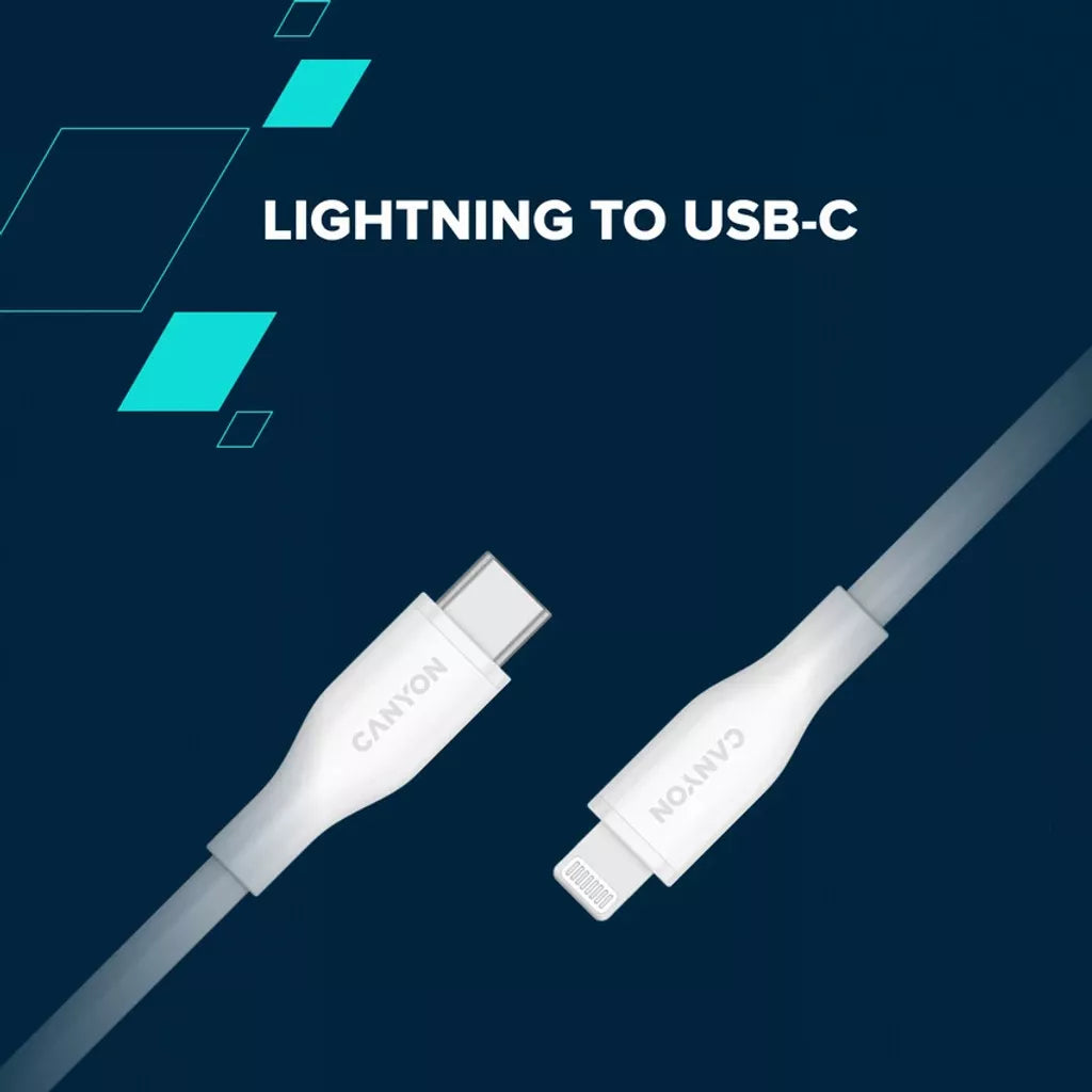 Кабель CANYON USB-C to Lightning для зарядки и синхронизации данных для iPad, iPhone и AirPods с поддержкой быстрой зарядки PD до 60 Вт (3 A) и передачи данных до 480 Мбит/с. Сертифицирован MFI, 1 м, белый