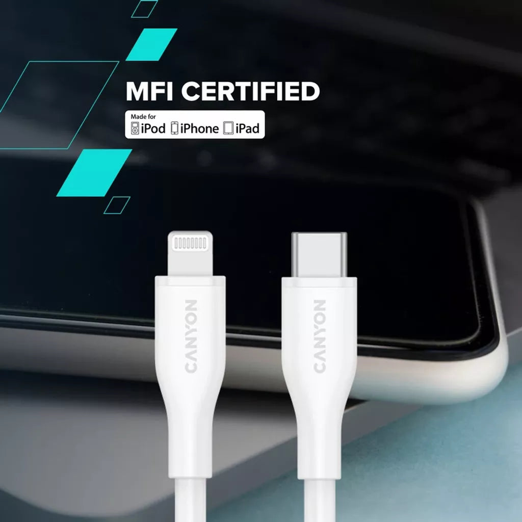 Кабель CANYON USB-C to Lightning для зарядки и синхронизации данных для iPad, iPhone и AirPods с поддержкой быстрой зарядки PD до 60 Вт (3 A) и передачи данных до 480 Мбит/с. Сертифицирован MFI, 1 м, белый