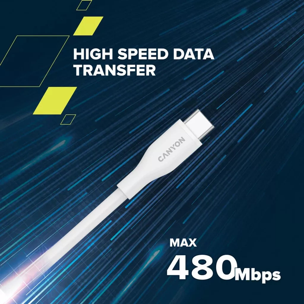 Кабель CANYON USB-C to Lightning для зарядки и синхронизации данных для iPad, iPhone и AirPods с поддержкой быстрой зарядки PD до 60 Вт (3 A) и передачи данных до 480 Мбит/с. Сертифицирован MFI, 1 м, белый