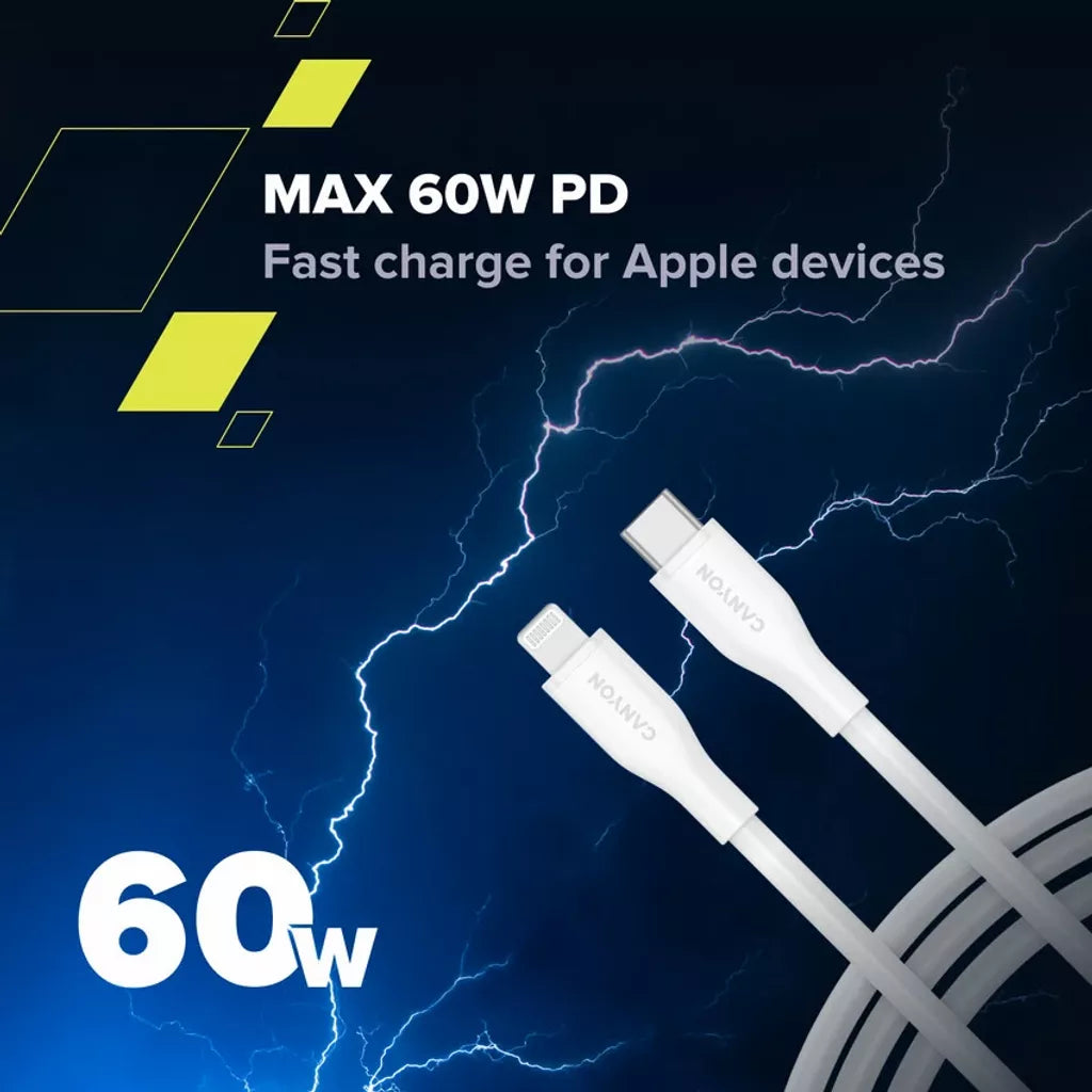 Кабель CANYON USB-C to Lightning для зарядки и синхронизации данных для iPad, iPhone и AirPods с поддержкой быстрой зарядки PD до 60 Вт (3 A) и передачи данных до 480 Мбит/с. Сертифицирован MFI, 1 м, белый