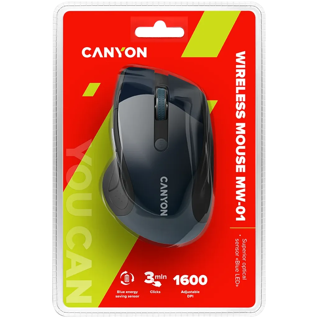 CANYON MW-01 bezvadu optiskā pele, 1600 dpi, 6 pogas, zila/pelēka