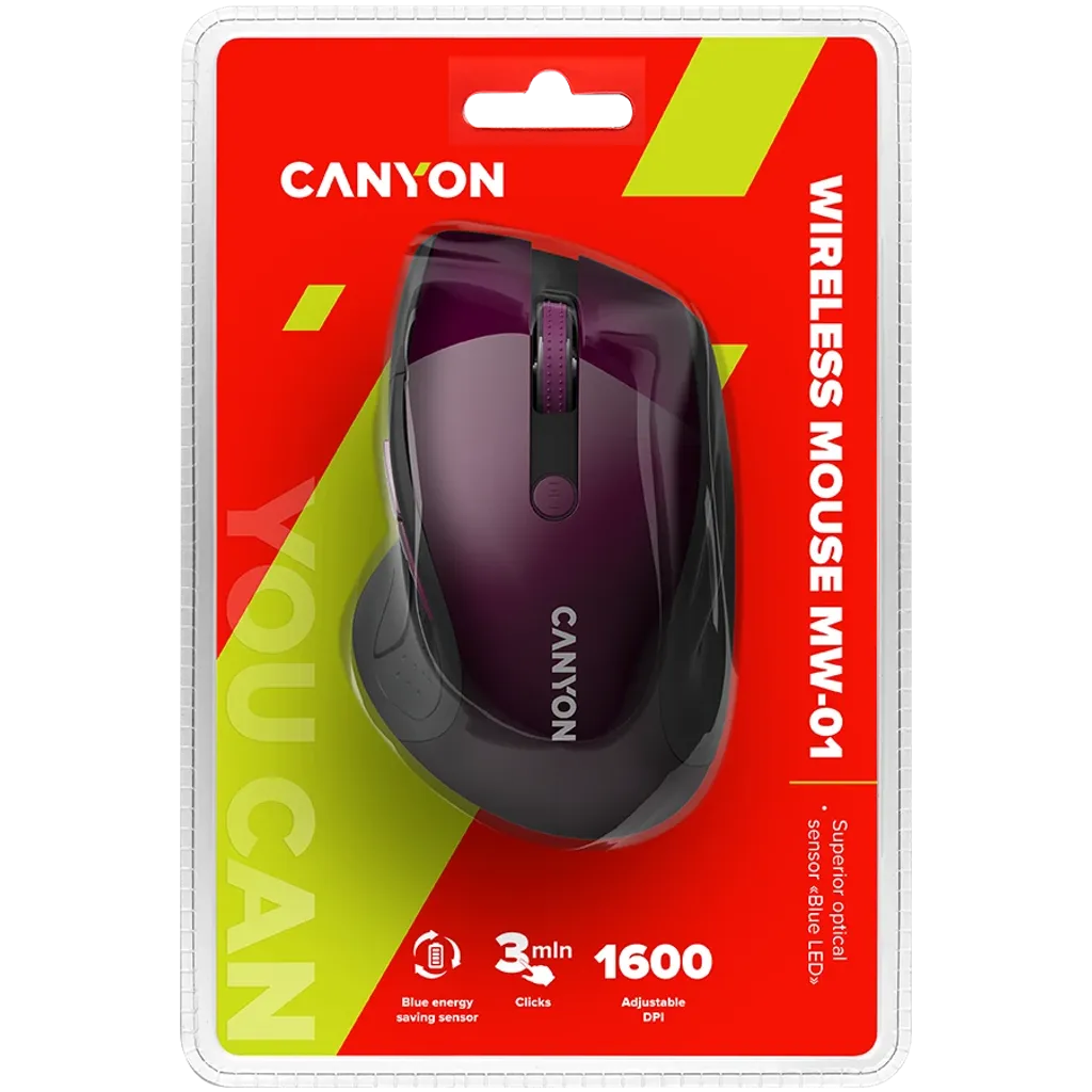 CANYON MW-01 bezvadu optiskā pele, 1600 dpi, 6 pogas, violeta
