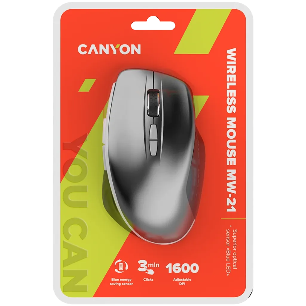 CANYON MW-21 bezvadu optiskā pele, 1600 dpi, 7 pogas, tumši pelēka