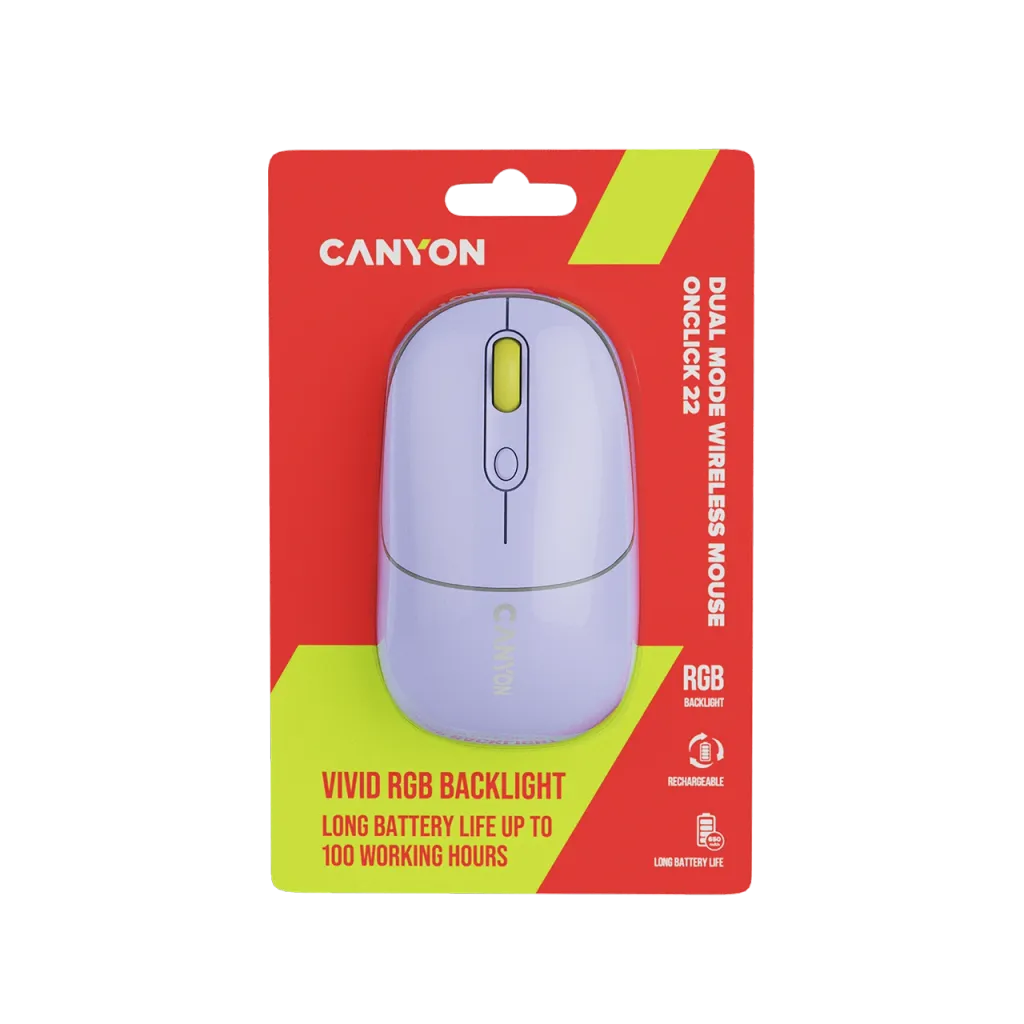 CANYON OnClick 22 bezvadu optiskā pele, 1600 dpi, RGB, lavandas krāsā