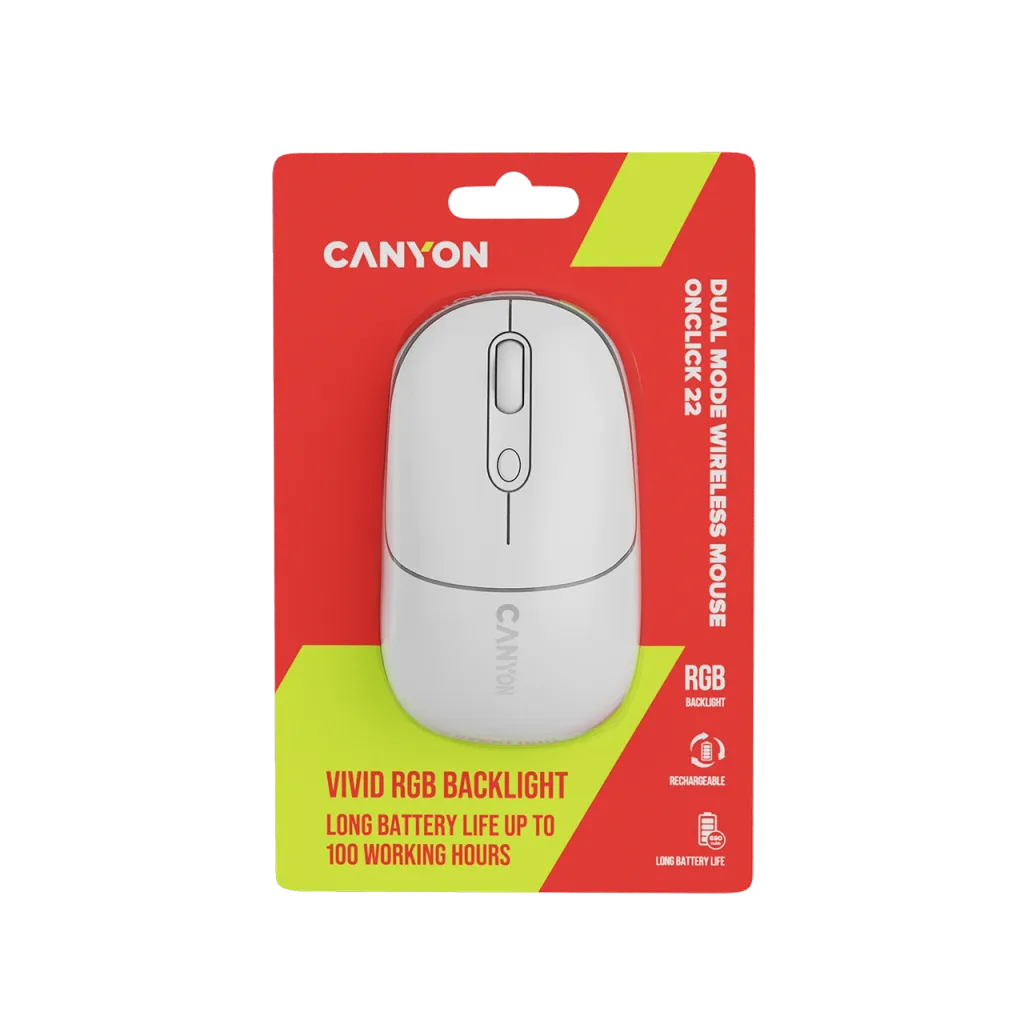 CANYON OnClick 22 bezvadu optiskā pele, 1600 dpi, RGB, balta