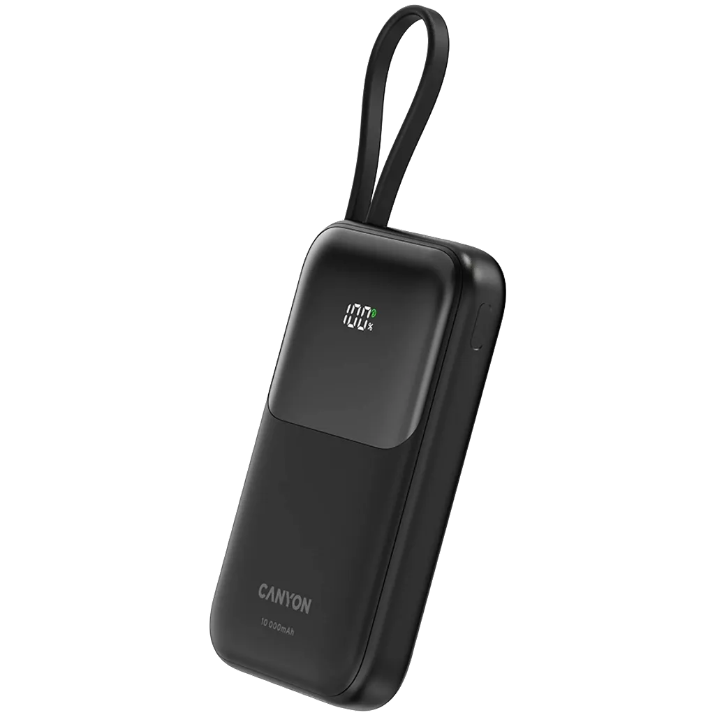 22.5W CANYON OnPower 101 10000mAh powerbanka ar USB-C kabeli, melna
