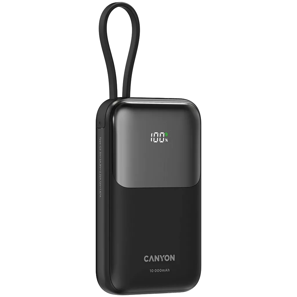22.5W CANYON OnPower 101 10000mAh powerbanka ar USB-C kabeli, melna