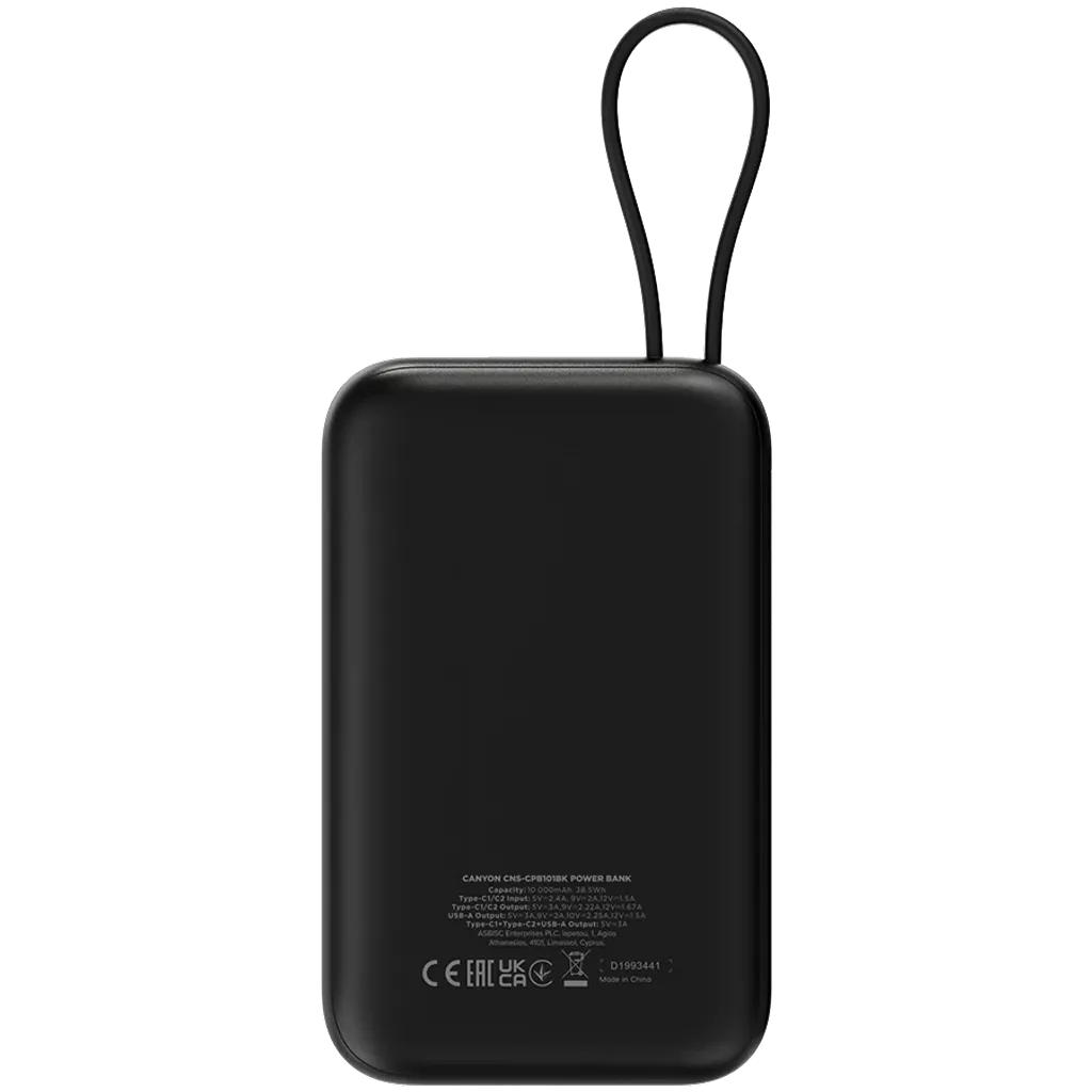 22.5W CANYON OnPower 101 10000mAh powerbanka ar USB-C kabeli, melna