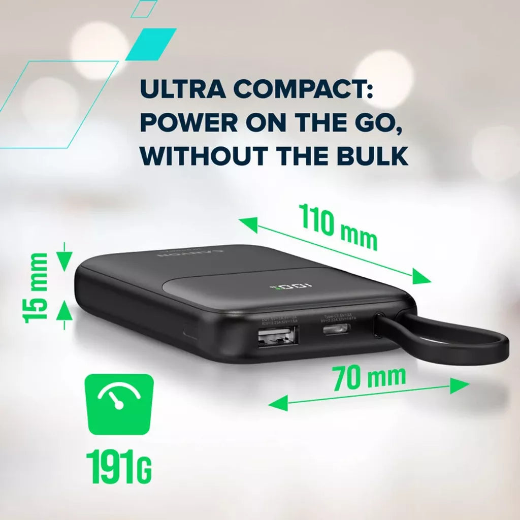 22.5W CANYON OnPower 101 10000mAh powerbanka ar USB-C kabeli, melna