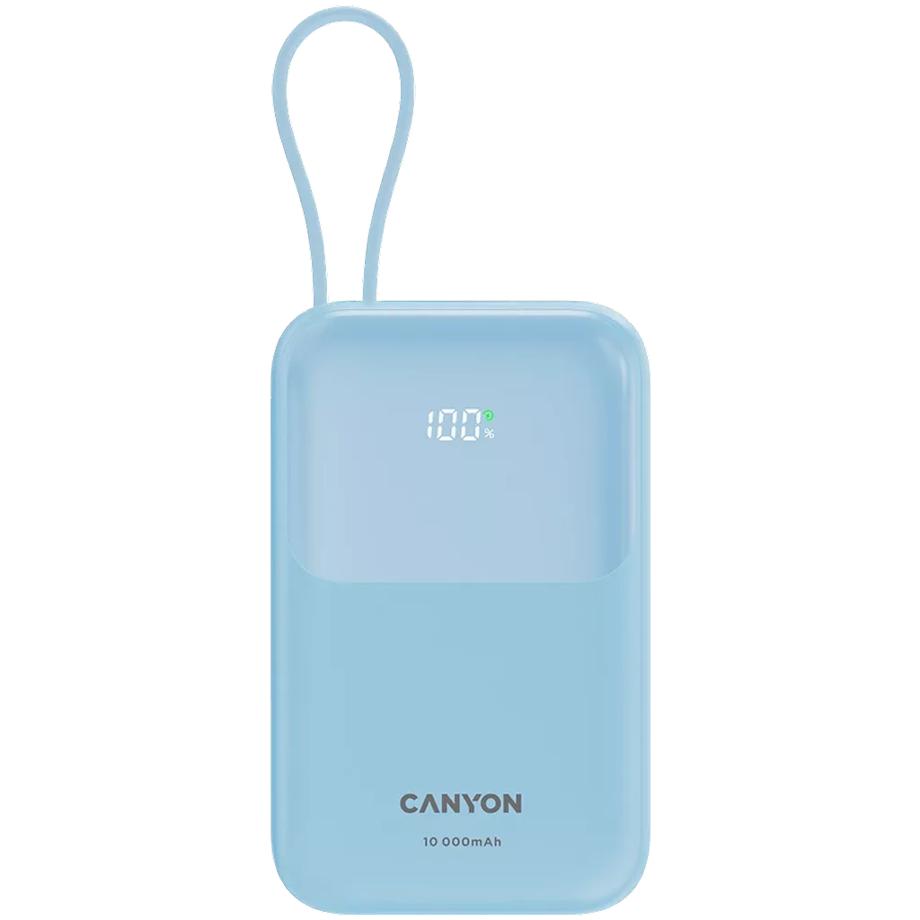 CANYON ārējais akumulators OnPower 101 Ar iebūvētu kabeli, 10 000 mAh ietilpību, PD 22,5 W ātro uzlādi, zils